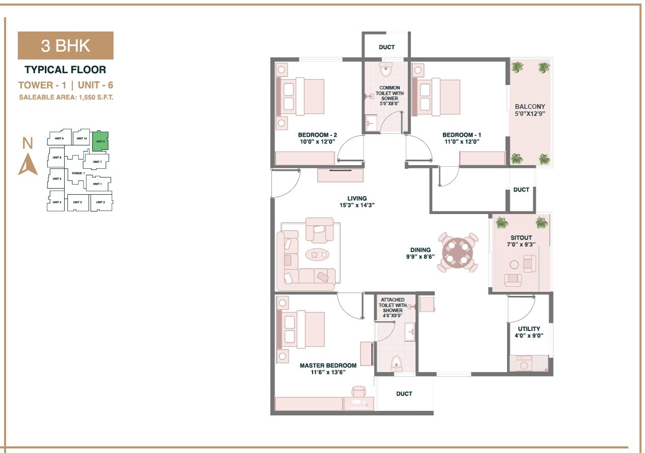 Floor plan of 3 BHK 1550 Sq. Ft. Apartment in Pushkalam Heritage, Bangalore