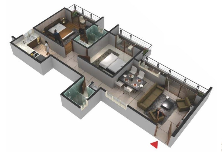 Floor plan of 2 BHK 1244 Sq. Ft. Apartment in Pushpam E Town, Bangalore