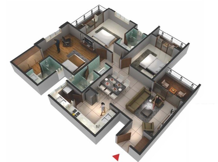 Floor plan of 3 BHK 1630 Sq. Ft. Apartment in Pushpam E Town, Bangalore