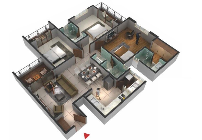 Floor plan of 3 BHK 1676 Sq. Ft. Apartment in Pushpam E Town, Bangalore