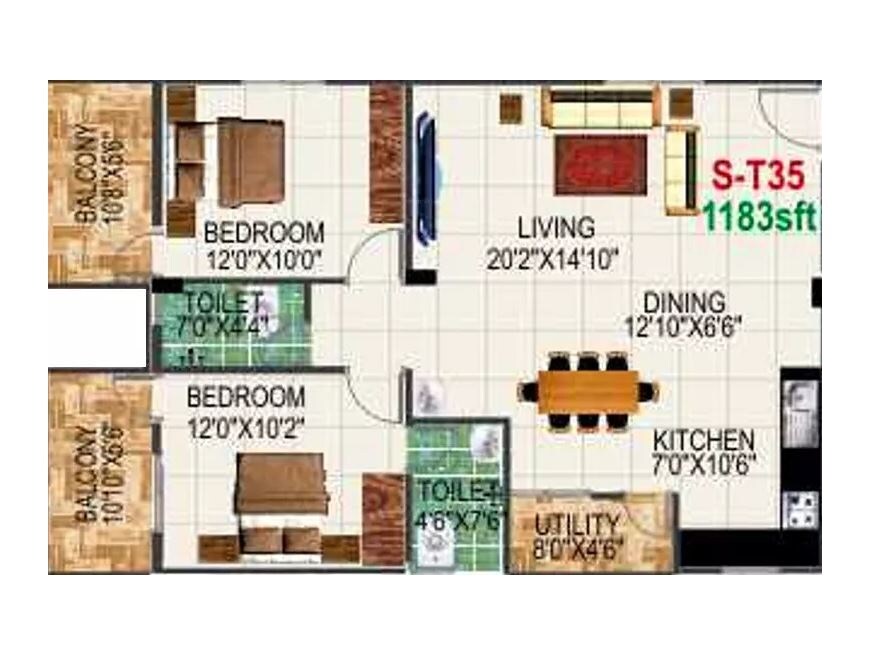Floor plan of 2 BHK 1183 Sq. Ft. Apartment in Pyramid Bilberry, Bangalore