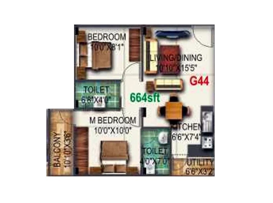 Floor plan of 2 BHK 664 Sq. Ft. Apartment in Pyramid Bilberry, Bangalore