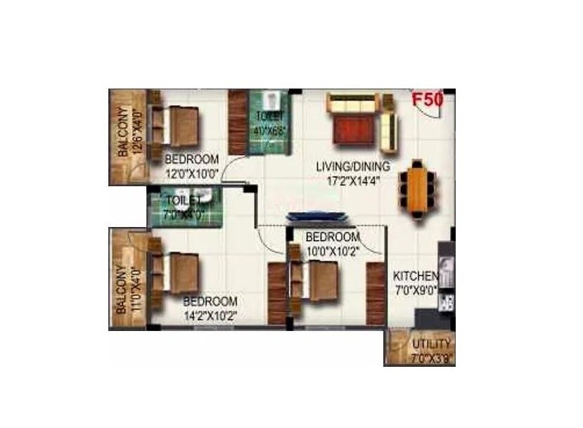 Floor plan of 3 BHK 1491 Sq. Ft. Apartment in Pyramid Bilberry, Bangalore
