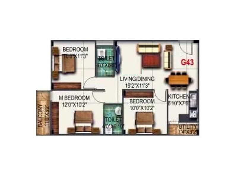 Floor plan of 3 BHK 1336 Sq. Ft. Apartment in Pyramid Bilberry, Bangalore