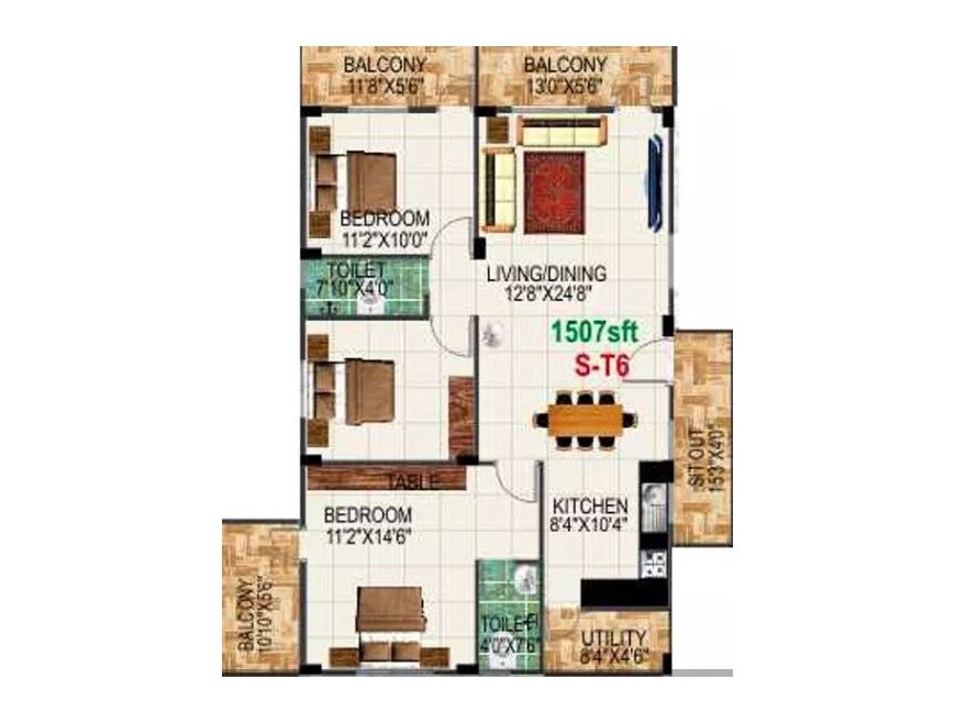 Floor plan of 3 BHK 1507 Sq. Ft. Apartment in Pyramid Bilberry, Bangalore