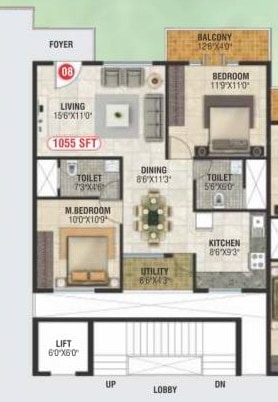 Floor plan of 2 BHK 1055 Sq. Ft. Apartment in RA Sukriti, Bangalore
