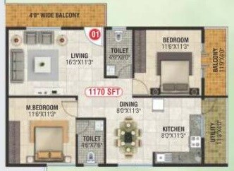 Floor plan of 2 BHK 1170 Sq. Ft. Apartment in RA Sukriti, Bangalore