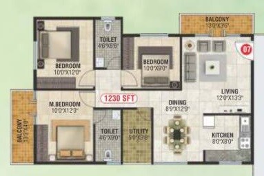 Floor plan of 3 BHK 1230 Sq. Ft. Apartment in RA Sukriti, Bangalore