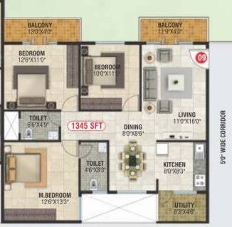 Floor plan of 3 BHK 1345 Sq. Ft. Apartment in RA Sukriti, Bangalore