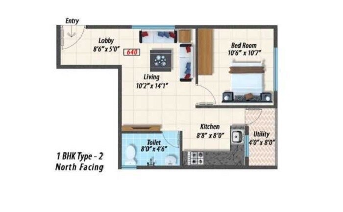 Floor plan of 1 BHK Apartment - 640 sq. ft. in Raaga, Bangalore