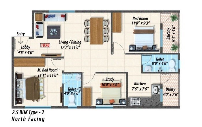 Floor plan of 2 BHK Apartment - 1090 sq. ft. in Raaga, Bangalore