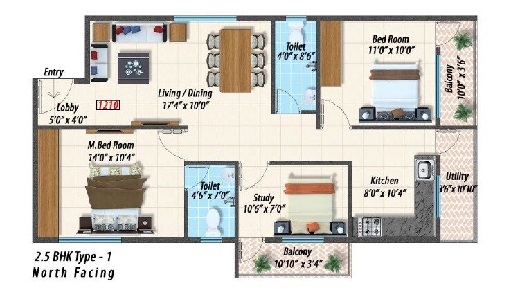 Floor plan of 2 BHK Apartment - 1210 sq. ft. in Raaga, Bangalore