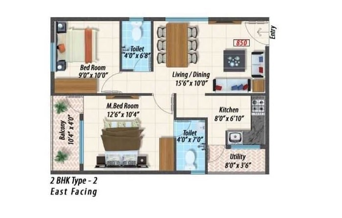 Floor plan of 2 BHK Apartment - 850 sq. ft. in Raaga, Bangalore