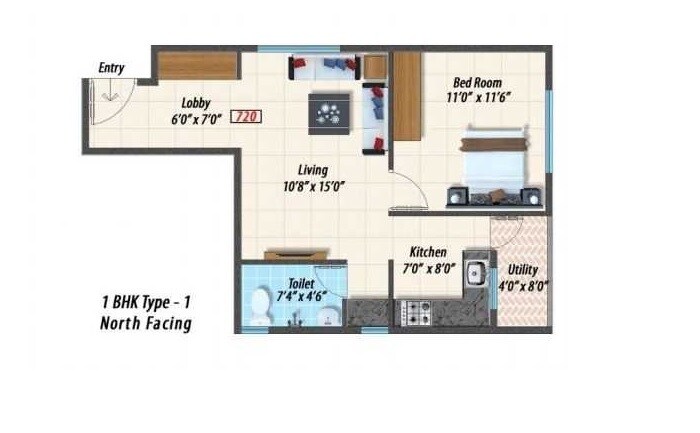 Floor plan of 1 BHK Apartment - 720 sq. ft. in Raaga, Bangalore