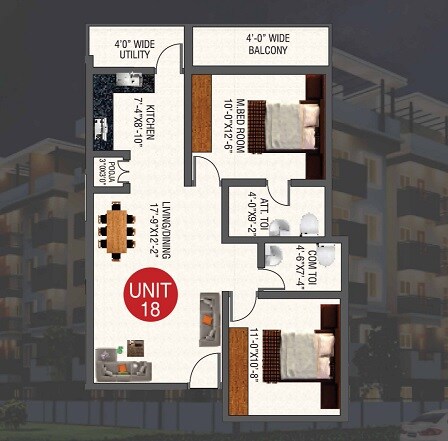 Floor plan of 2 BHK 1065 Sq. Ft. Apartment in Rachana E Golden Abode, Bangalore