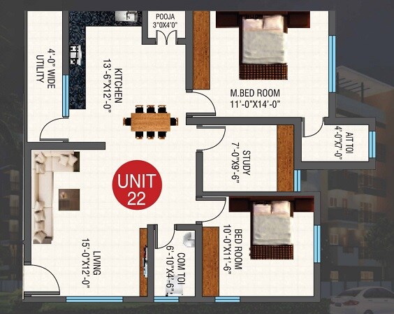 Floor plan of 2 BHK 1213 Sq. Ft. Apartment in Rachana E Golden Abode, Bangalore