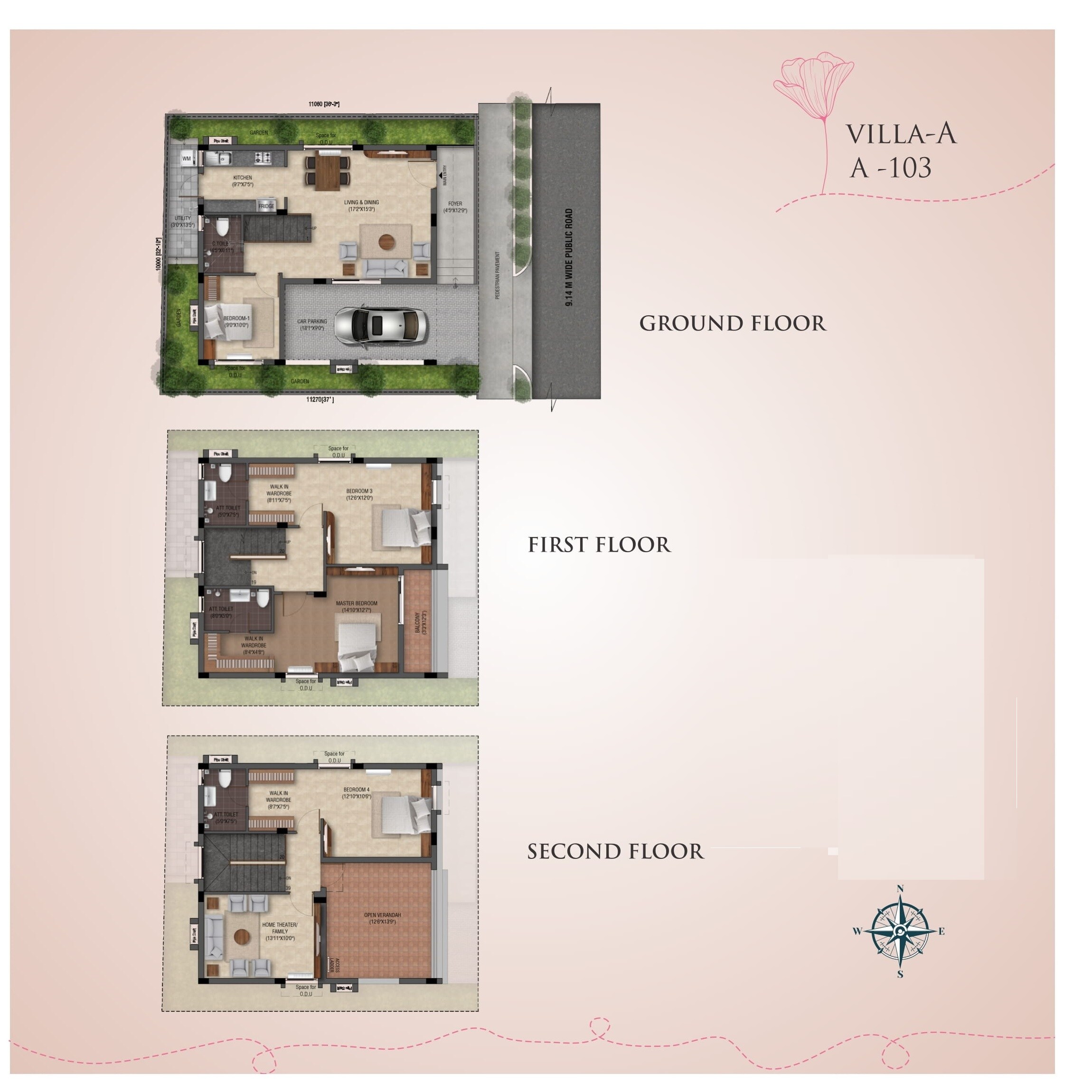 Floor plan of 4 BHK 2140 Sq. Ft. Villa in Radiance Blossom, Bangalore