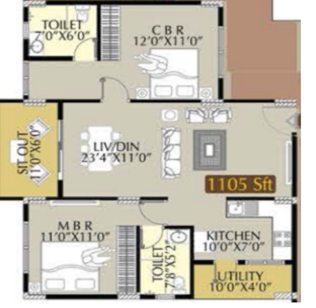 Floor plan of 2 BHK 1105 Sq. Ft. Apartment in Radiant Elitaire, Bangalore