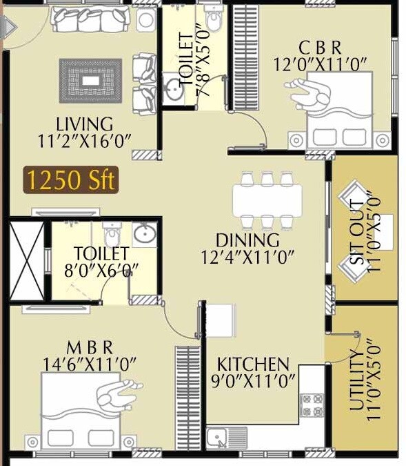 Floor plan of 2 BHK 1250 Sq. Ft. Apartment in Radiant Elitaire, Bangalore