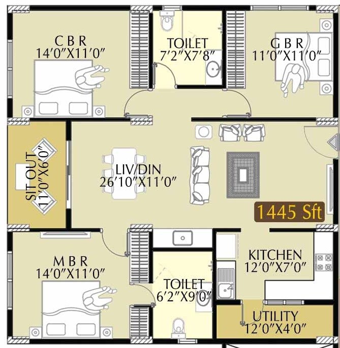 Floor plan of 3 BHK 1445 Sq. Ft. Apartment in Radiant Elitaire, Bangalore