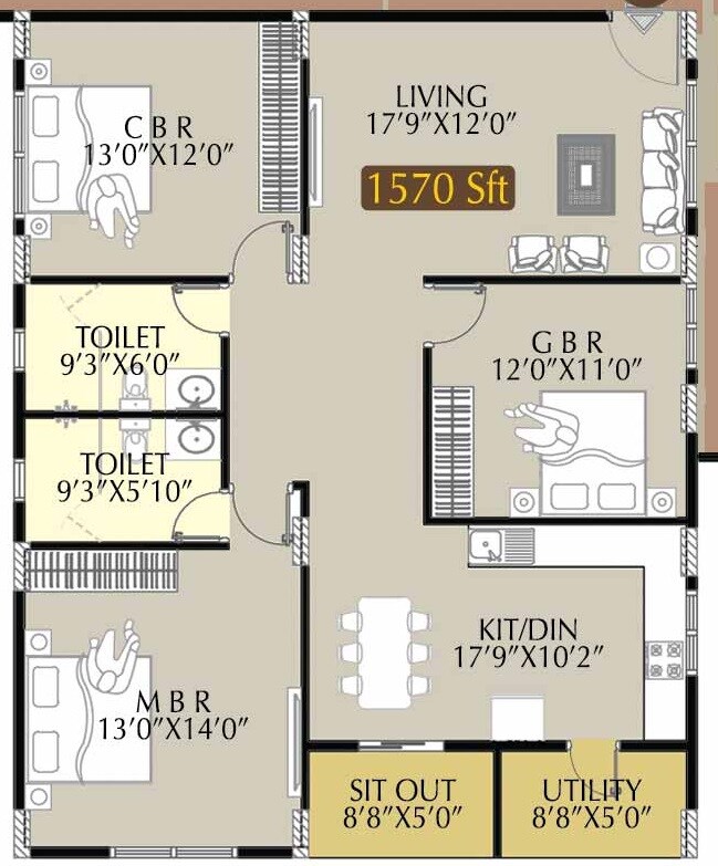 Floor plan of 3 BHK 1570 Sq. Ft. Apartment in Radiant Elitaire, Bangalore