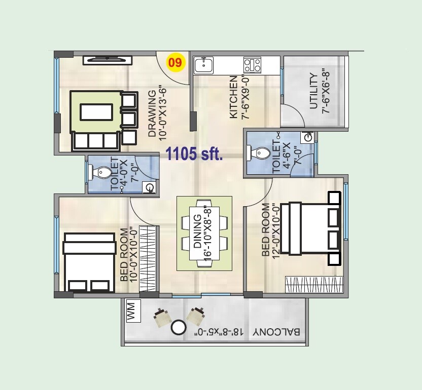Floor plan of 2 BHK 1105 Sq. Ft. Apartment in Radiant Kaira, Bangalore