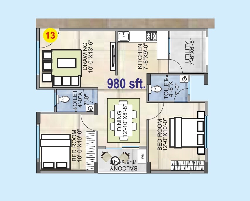 Floor plan of 2 BHK 980 Sq. Ft. Apartment in Radiant Kaira, Bangalore