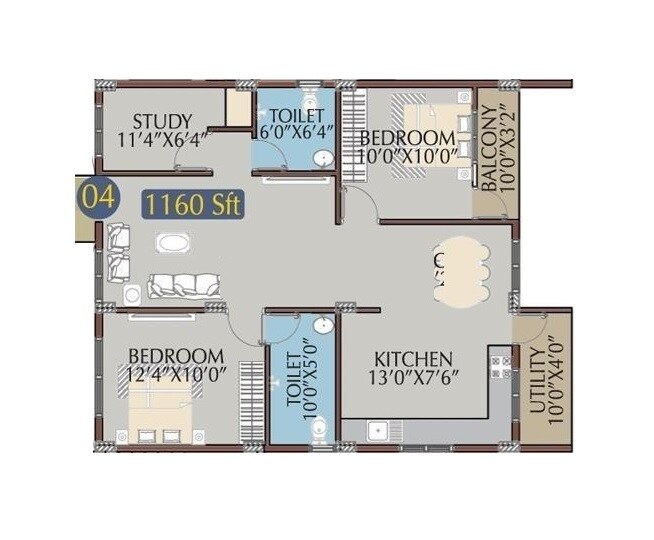Floor plan of 2 BHK 1160 Sq. Ft. Apartment in Radiant Royal Woods, Bangalore