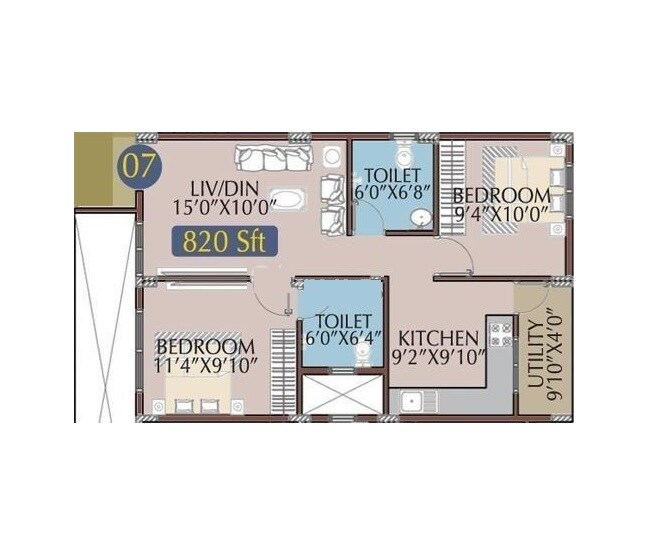 Floor plan of 2 BHK 820 Sq. Ft. Apartment in Radiant Royal Woods, Bangalore