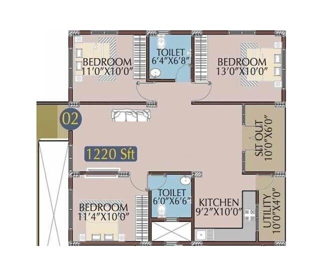 Floor plan of 3 BHK 1220 Sq. Ft. Apartment in Radiant Royal Woods, Bangalore