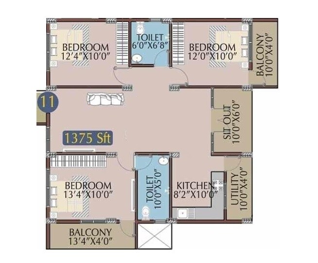 Floor plan of 3 BHK 1375 Sq. Ft. Apartment in Radiant Royal Woods, Bangalore