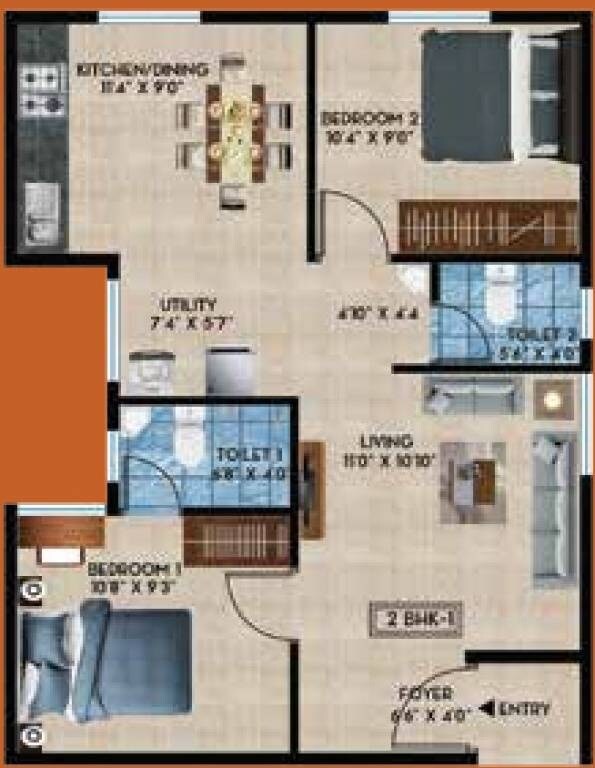 Floor plan of 2 BHK 803 Sq. Ft. Apartment in Rainvas Rain Bow Oaks, Bangalore