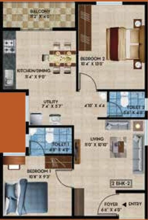 Floor plan of 2 BHK 918 Sq. Ft. Apartment in Rainvas Rain Bow Oaks, Bangalore