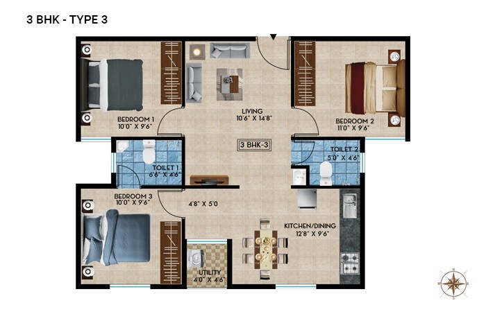 Floor plan of 3 BHK 1008 Sq. Ft. Apartment in Rainvas Rain Bow Oaks, Bangalore