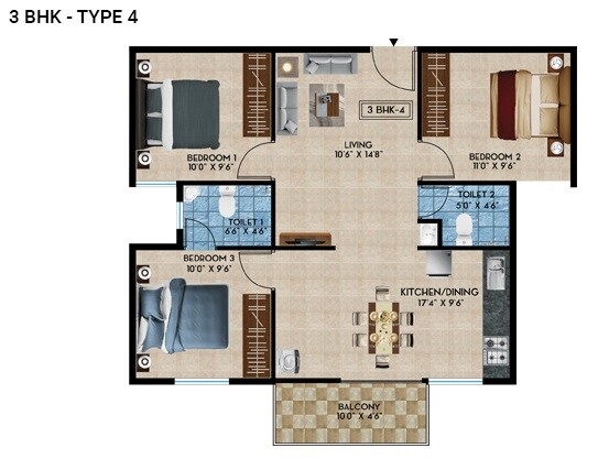 Floor plan of 3 BHK 1035 Sq. Ft. Apartment in Rainvas Rain Bow Oaks, Bangalore