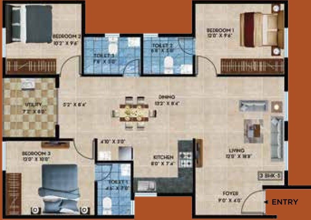 Floor plan of 3 BHK 1371 Sq. Ft. Apartment in Rainvas Rain Bow Oaks, Bangalore
