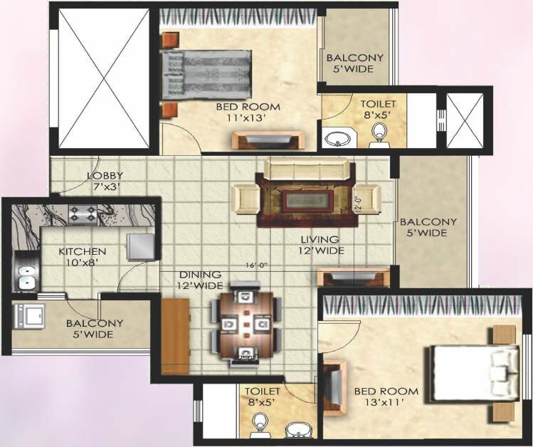 Floor plan of 2 BHK 1255 Sq. Ft. Apartment in Raja Aristos, Bangalore