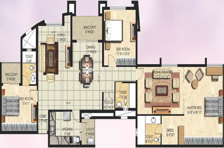 Floor plan of 3 BHK 2400 Sq. Ft. Apartment in Raja Aristos, Bangalore