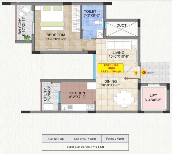 Floor plan of 1 BHK 710 Sq. Ft. Apartment in Raja Four Squares, Bangalore