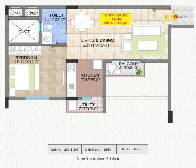 Floor plan of 1 BHK 715 Sq. Ft. Apartment in Raja Four Squares, Bangalore