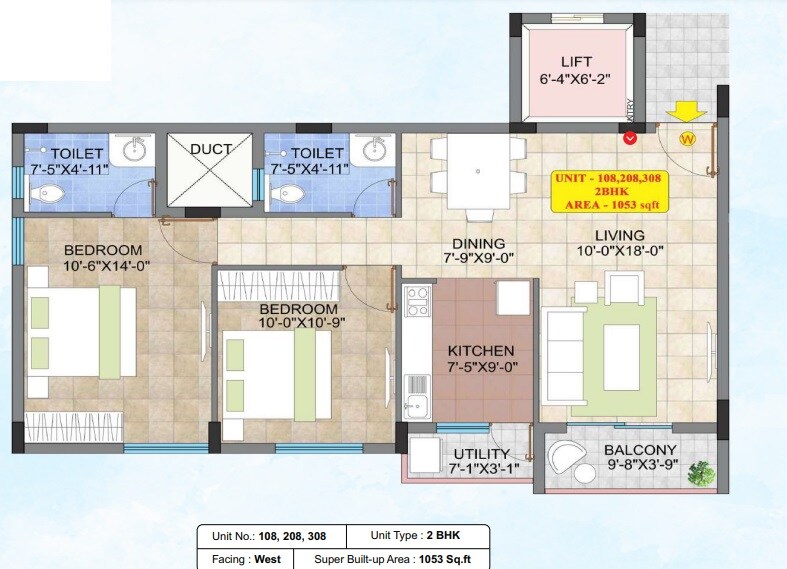 Floor plan of 2 BHK 1053 Sq. Ft. Apartment in Raja Four Squares, Bangalore