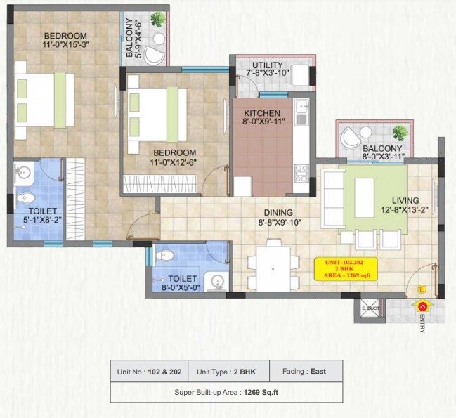 Floor plan of 2 BHK 1269 Sq. Ft. Apartment in Raja Four Squares, Bangalore