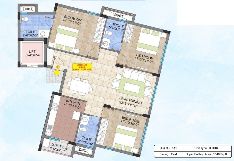 Floor plan of 3 BHK 1349 Sq. Ft. Apartment in Raja Four Squares, Bangalore