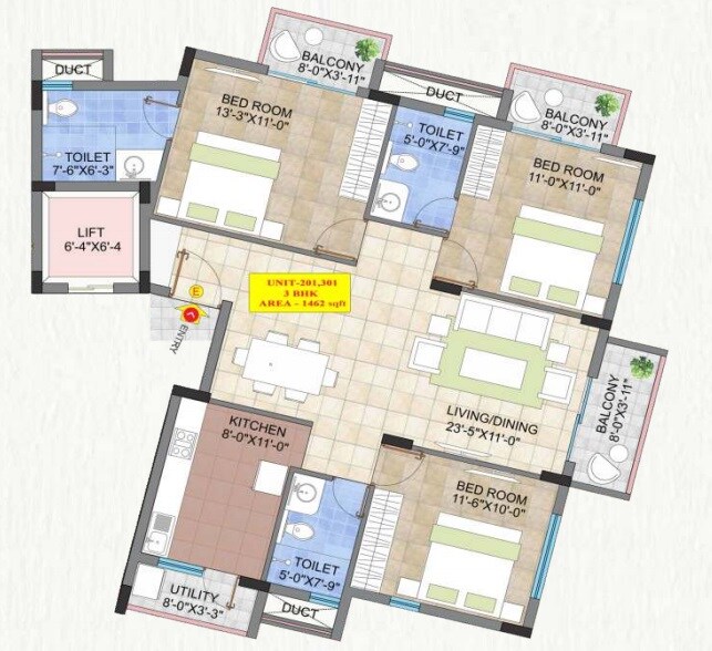 Floor plan of 3 BHK 1462 Sq. Ft. Apartment in Raja Four Squares, Bangalore