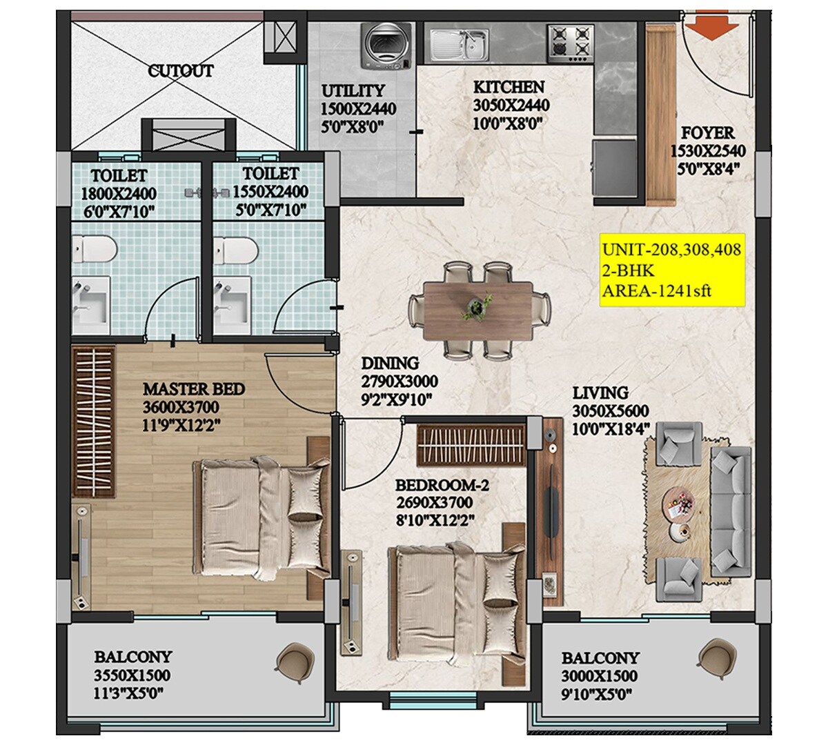 2 BHK 1241 Sq. Ft. Apartment