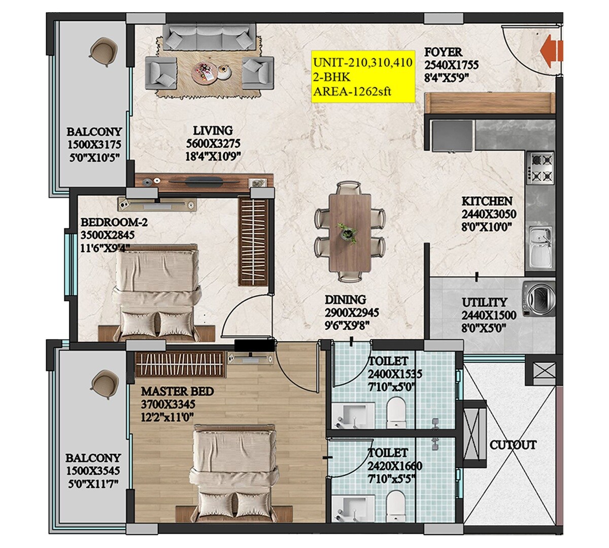 Floor plan of 2 BHK 1262 Sq. Ft. Apartment in Raja Magnum, Bangalore