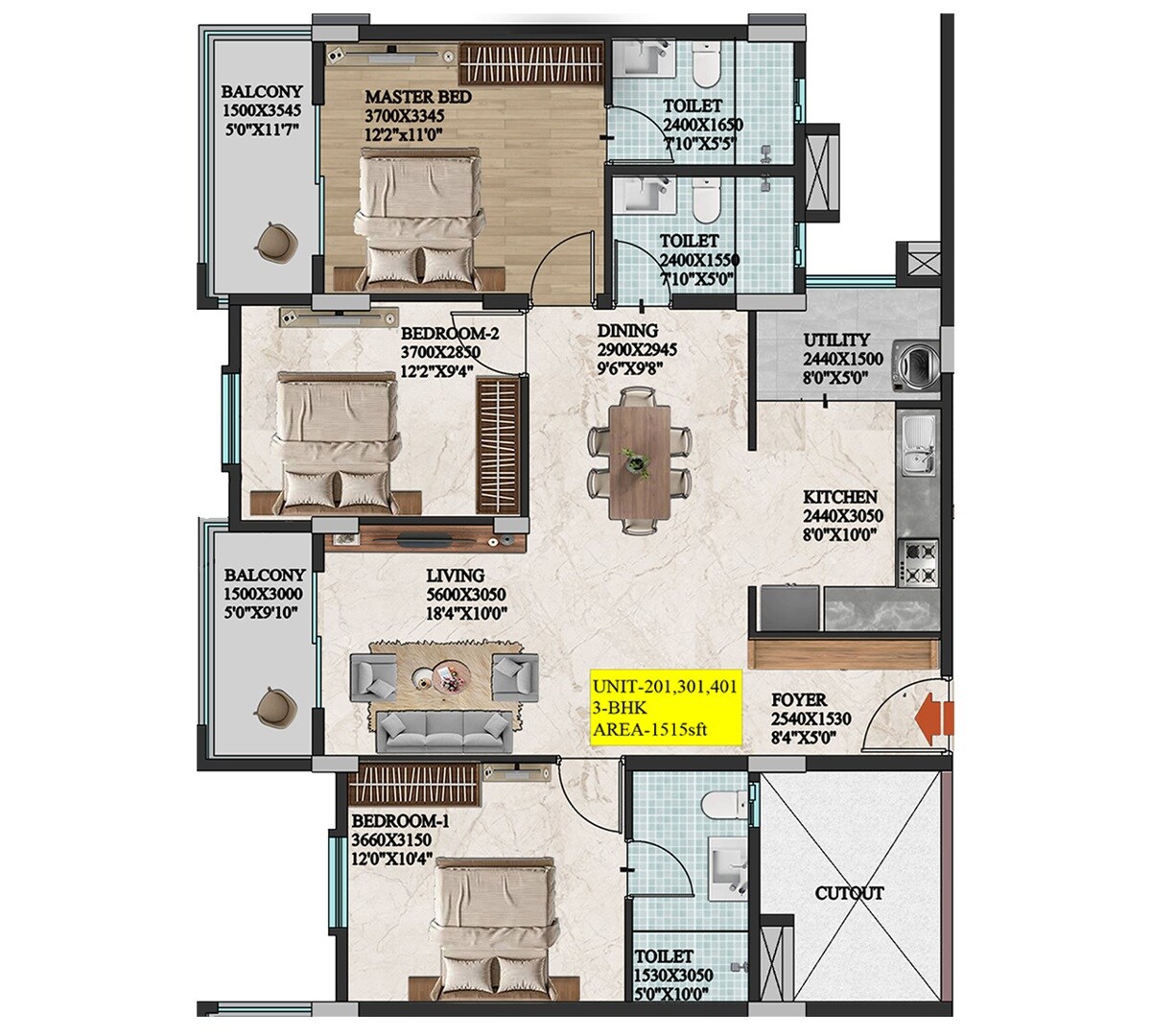 3 BHK 1515 Sq. Ft. Apartment