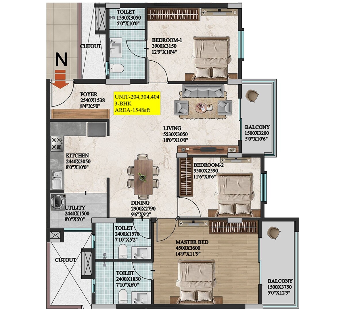 Floor plan of 3 BHK 1548 Sq. Ft. Apartment in Raja Magnum, Bangalore