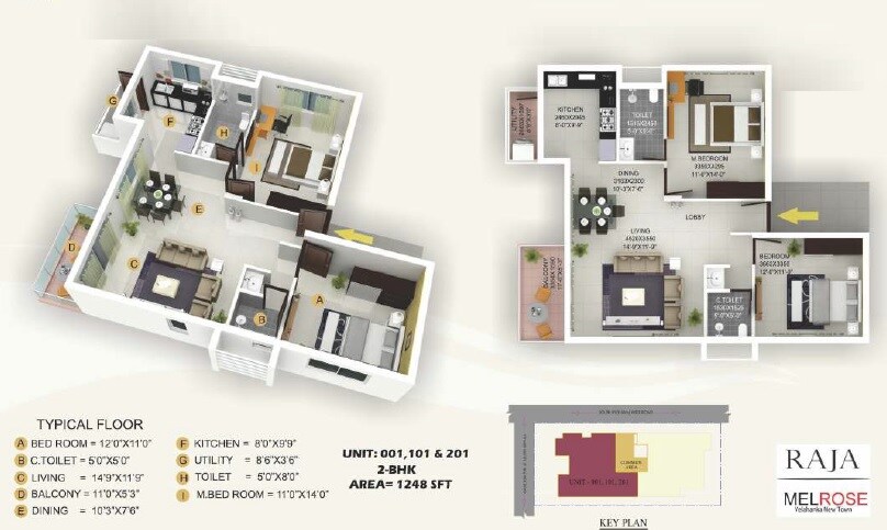 Floor plan of 2 BHK 1248 Sq. Ft. Apartment in Raja Melrose, Bangalore