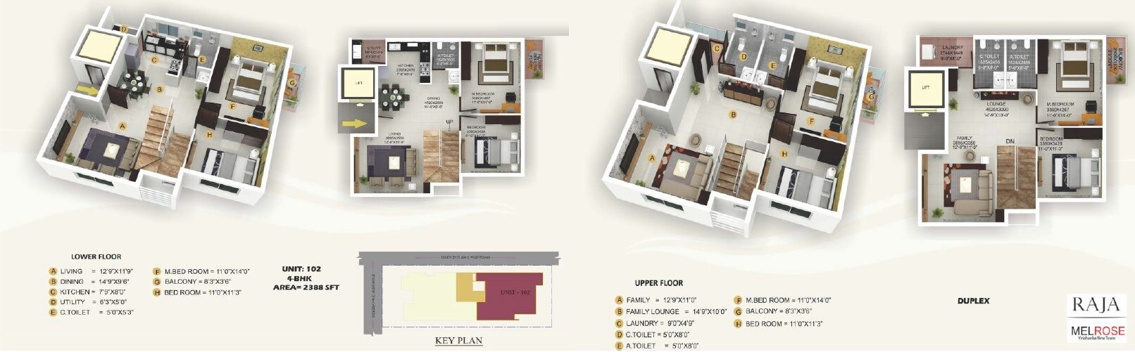 Floor plan of 4 BHK 2388 Sq. Ft. Apartment in Raja Melrose, Bangalore
